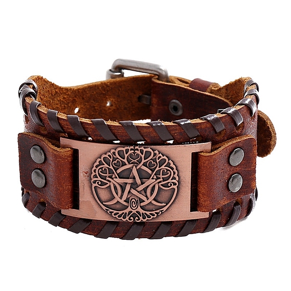 Imitation Leather Braided Bracelets, with Tree of Life & Pentagram Triple Moon Metal Buckle, for Men