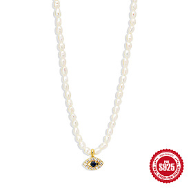 925 Sterling Silver Devil's Eye Pendant Necklace with Octagram Star and Pearl, Simple European Style Collarbone Chain Jewelry