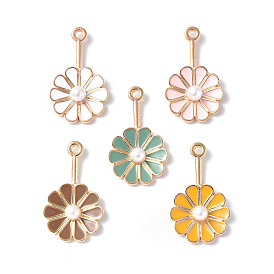 Alloy Enamel Pendants, with ABS Plastic Imitation Pearls, Light Gold, Flower Charm