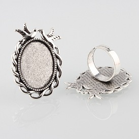 Vintage Adjustable Iron Finger Ring Components Alloy Double Kissing Birds Cabochon Bezel Settings, Cadmium Free & Lead Free, Oval Tray: 25x18mm, 17mm
