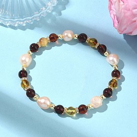 Эластичные браслеты для женщин из натурального пресноводного жемчуга и янтаря., круглые, С немагнитным синтетическим гематитом