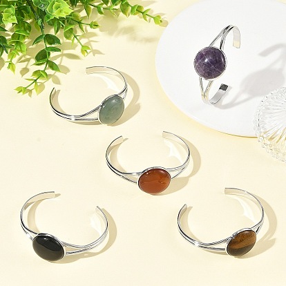 Natural Mixed Stone Flat Round Brass Cuff Bangles for Women