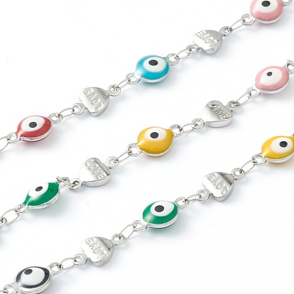 304 Stainless Steel Enamel  Link Chains, Evil Eye & Heart with Word Love, Unwelded, with Spool