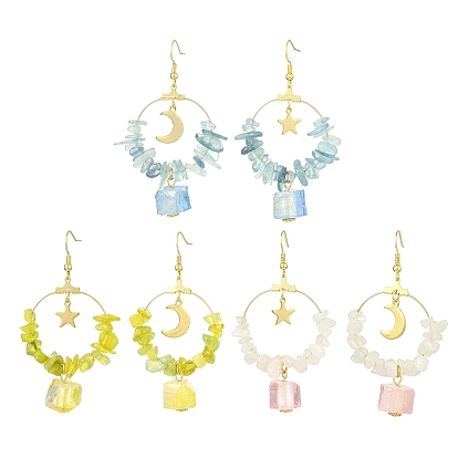 3 пары 3 серег с подвесками из натурального смешанного камня и латуни, с 304 подвесками из нержавеющей стали, Луна и звезды, золотые