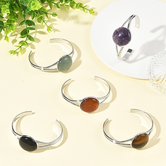 Natural Mixed Stone Flat Round Brass Cuff Bangles for Women