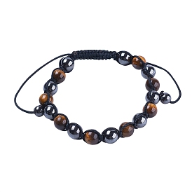 Hematite Magnetic Therapy Braided Bead Bracelets, with Natural Tiger Eye Round Beads