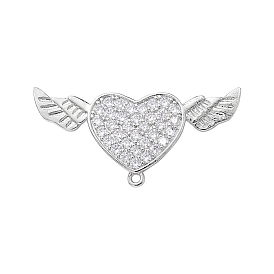 Brass Micro Pave Clear Cubic Zirconia Brooch Findings, with Loops, Heart with Angel Wing