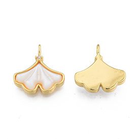 Natural Freshwater Shell Pendants, with Brass Pave Clear Cubic Zirconia Findings, Real 18K Gold Plated, Nickel Free, Ginkgo Leaf Charm
