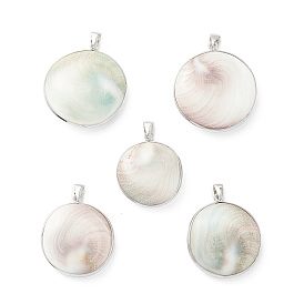 Natural Sea Shell Pendants, Flat Round Charms, with Platinum Plated Brass and Alloy Findings