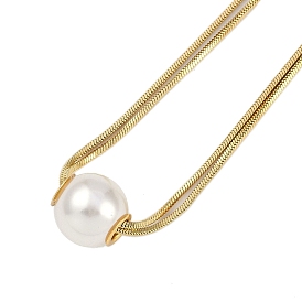 Ion Plating(IP) 304 Stainless Steel 2-Strand Snake Chain Necklaces, Round Plastic Imitation Pearl Pendant Necklaces