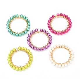 Baking Paint Pearlized Glass Pearl Round Pendants, with Brass Findings, Ring