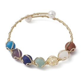 Bracelet manchette en perles de pierres précieuses naturelles et synthétiques mélangées, Bracelet enroulé en fil de cuivre doré, placage en crémaillère, avec perles naturelles de qualité A
