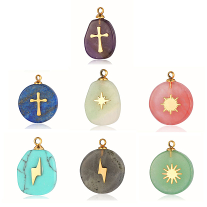 Gemstone Pendants, Flat Round & Oval Charms, with Golden Tone Stainless Steel Slice