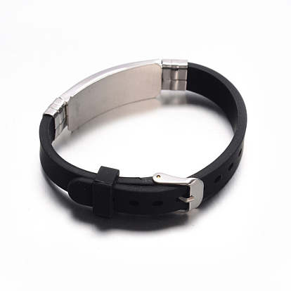 Jewelry Black Color Rubber Cord Bracelets, with 304 Stainless Steel Findings and Watch Band Clasps, Rectangle with Cross, 215x10mm