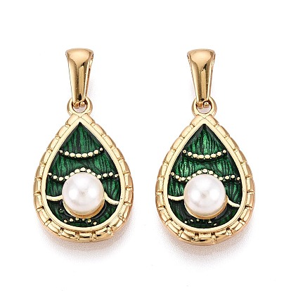 304 подвески из нержавеющей стали, эмали и искусственного жемчуга из АБС-пластика, слезинки, золотые