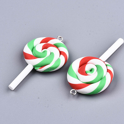 Handmade Polymer Clay Charms, with Platinum Tone Iron Findings, for Christmas, Lollipop