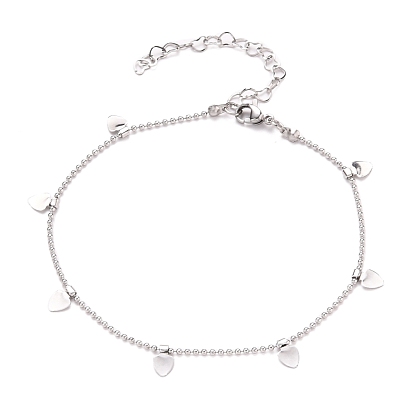 304 Stainless Steel Heart Charm Anklets, with Ball Chains and Lobster Claw Clasps