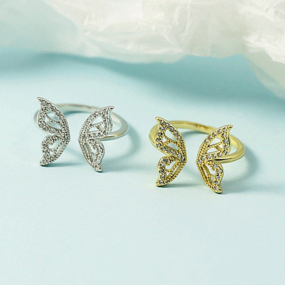 Высококачественные латунные кольца-манжеты с микропаве из прозрачного кубического циркония для женщин, выдолбить бабочку