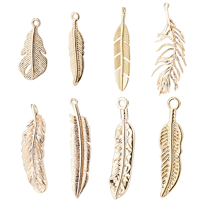 16Pcs 8 Style Brass Pendants, Nickel Free, Feather