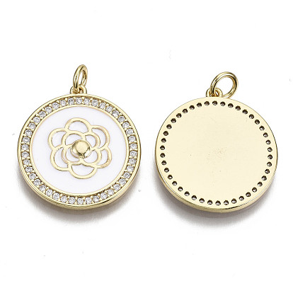 Brass Micro Pave Cubic Zirconia Pendants, with Enamel and Jump Ring, Nickel Free, Flat Round with Flower, Real 16K Gold Plated
