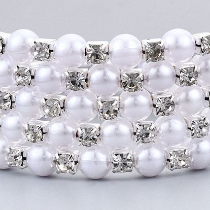 Five Loops Iron Wrap Bracelets, with Rhinestone and ABS Plastic Imitation Pearl, Platinum