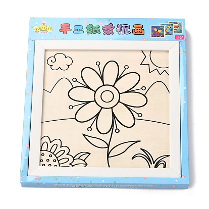 DIY Pulp Painting Art Sets, Framed Wood Painting Board Pulp Mud Material, Including Wooden Board, Plastic Holder, Tags, Iron Tweezer, Pegwood, Plastic Base and Colored Clay