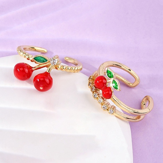 Латунные микропаве кубические цирконии регулируемые открытые манжеты кольца для женщин, вишня, с эмалью, стойки покрытие, прочное покрытие, без кадмия и без свинца