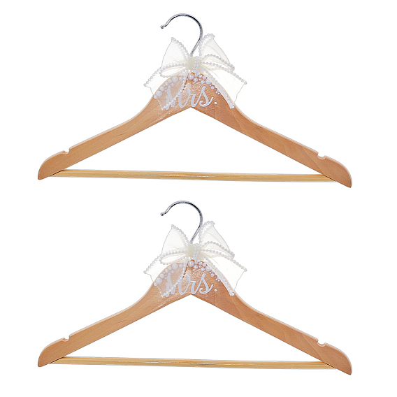 Wood Wedding Hanger, with Iron Hook, Polyester Bowknot and Plastic Imitation Pearl