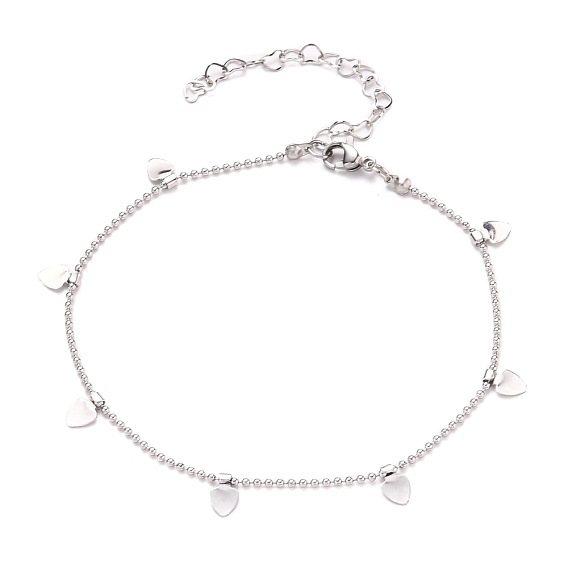 304 Stainless Steel Heart Charm Anklets, with Ball Chains and Lobster Claw Clasps