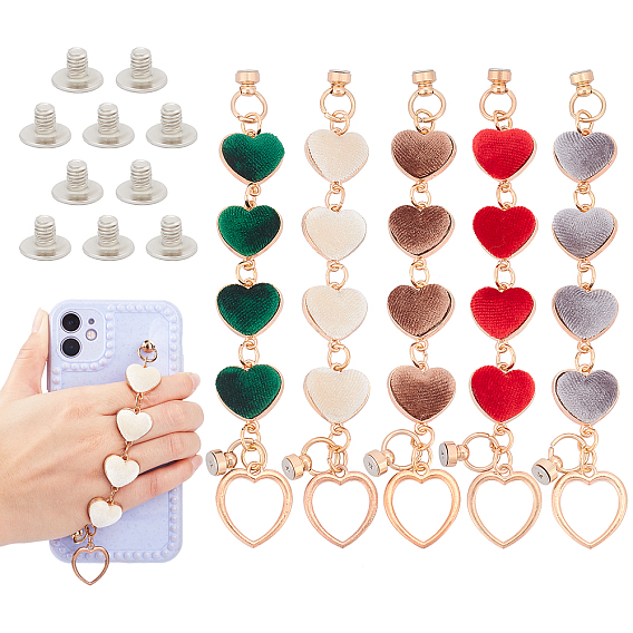 PANDAHALL ELITE 5Pcs 5 Colors Alloy Plush Heart Link Chain for DIY Keychains, Phone Case Decoration Jewelry Accessories, with Alloy Screw Nuts, Iron Screws