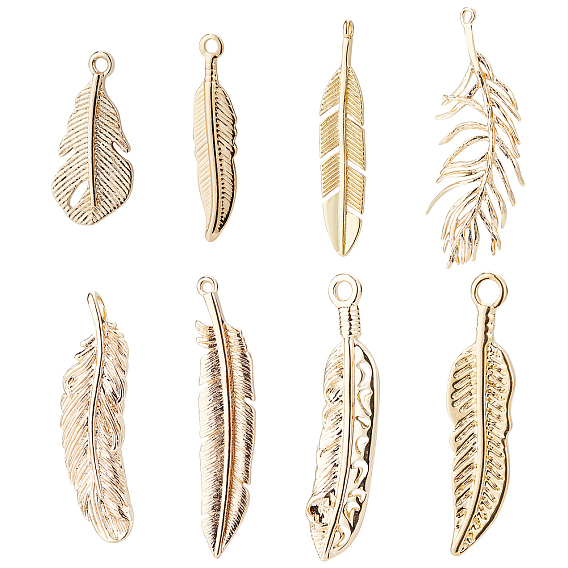 16Pcs 8 Style Brass Pendants, Nickel Free, Feather