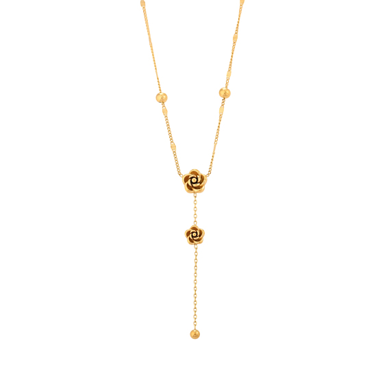 304 Stainless Steel Lariat Necklaces, Cable Chains Necklaces for Women, Rose Flower, Ion Plating(IP), Long-Lasting Plated