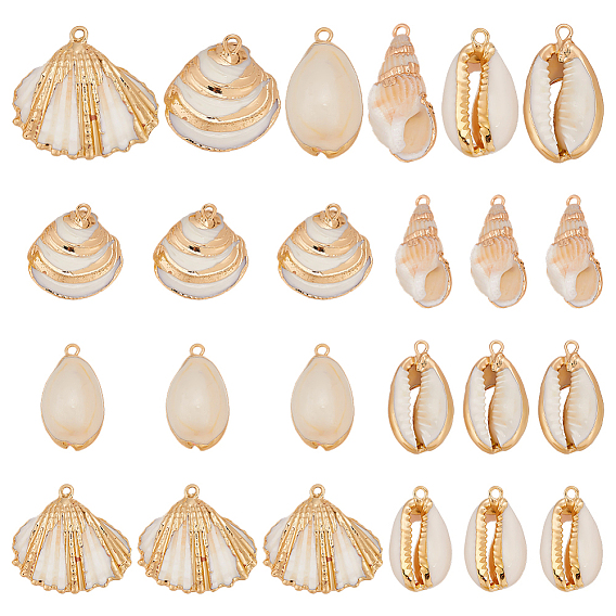 24шт. 6 стили гальванизированные натуральные смешанные подвески из ракушек, подвески в форме ракушек, золотые