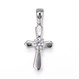 304 Stainless Steel Pendants, with Cubic Zirconia, Cross