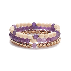 3Pcs 3 Style Natural Wood  & Amethyst & Synthetic Hematite Beaded Stretch Bracelets Set, Gemstone Jewelry for Women