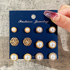 Vintage Water Diamond Flower & Faux Pearl Earrings Set of 6 Pairs in Gold