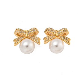 Brass Micro Pave Cubic Zirconia Charms, with ABS Plastic Pearl, Bowknot