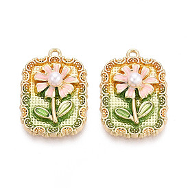 Подвески из эмали, АБС-пластика и искусственного жемчуга с гальваническим покрытием., прямоугольник с цветочными подвесками, без кадмия, без никеля и без свинца, золотые