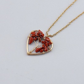 Gemstone Chip Beaded Tree of Life Alloy Heart Pendant Necklaces, Golden