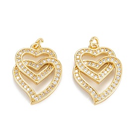 Brass Micro Pave Clear Cubic Zirconia Pendants, Long-Lasting Plated, Heart to Heart