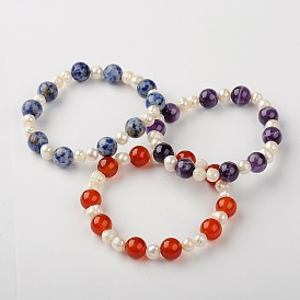 Valentines Day Gifts for Girlfriend Gemstone Beads Stretch Bracelets, with Grade B Pearl Beads and Elastic Fibre Wire, 55mm