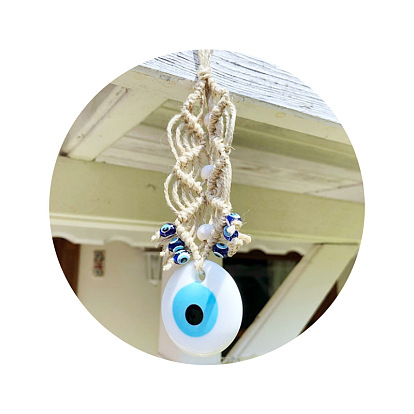 Flat Round with Evil Eye Glass Pendant Decorations, Braided Hemp Rope Hanging Ornaments