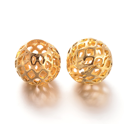 Hollow Round Brass Filigree Beads, Filigree Ball, 10x9mm, Hole: 4.5mm