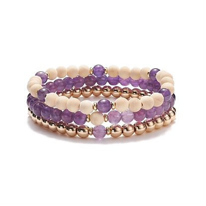 3Pcs 3 Style Natural Wood  & Amethyst & Synthetic Hematite Beaded Stretch Bracelets Set, Gemstone Jewelry for Women