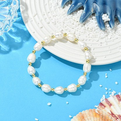 Эластичные браслеты из латуни и натурального культивированного пресноводного жемчуга для женщин., рис и круглый, золотые