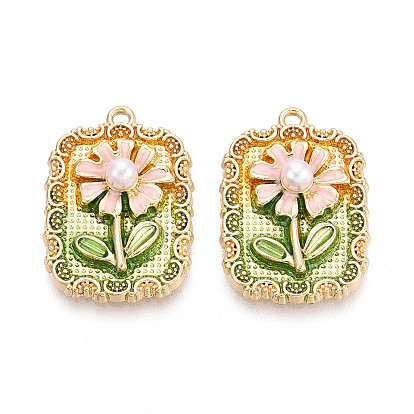 Подвески из эмали, АБС-пластика и искусственного жемчуга с гальваническим покрытием., прямоугольник с цветочными подвесками, без кадмия, без никеля и без свинца, золотые