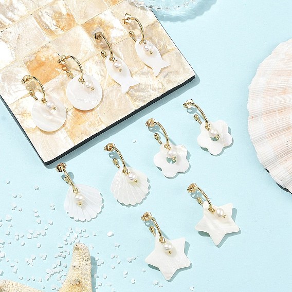 304 Stainless Steel & Natural Freshwater Shell Stud Dangle Earrings, Star/Flower/Fish, Half Hoop Earrings