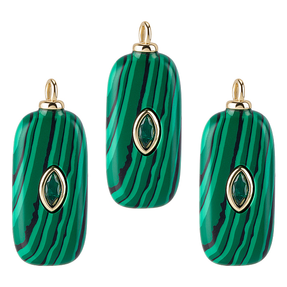 3шт. подвесок из синтетического малахита, прямоугольные подвески с латунной микропаве кубическими цирконами, реальный 18 k позолоченный, без кадмия и без свинца, стойки покрытие, долговечный