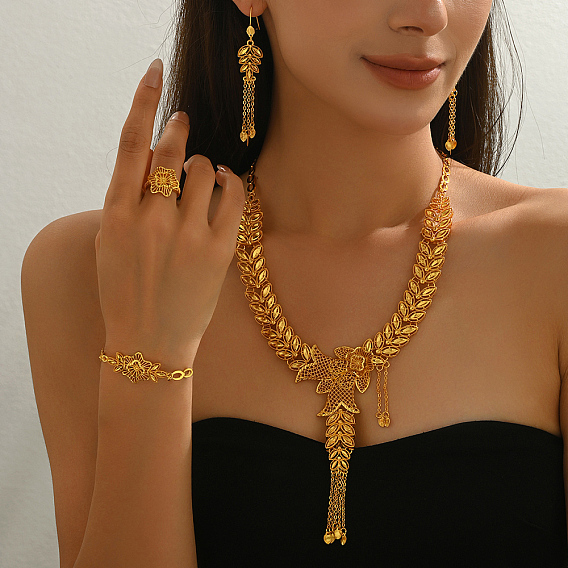 Наборы из сплава с полыми цветами и листьями, браслеты, серьги, ожерелья и кольца для женщин