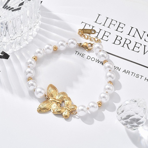 Ионное покрытие (IP) 304 браслеты из нержавеющей стали для женщин, с пластиковой жемчужины, бабочка